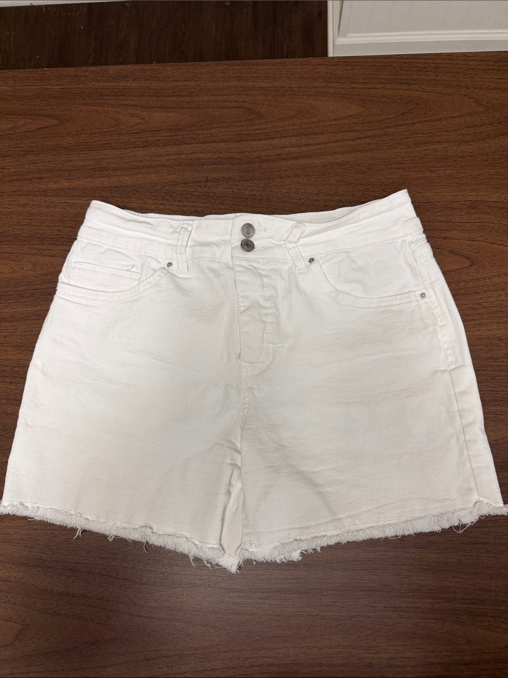 Royalty For Me White High-Rise Frayed Denim Shorts